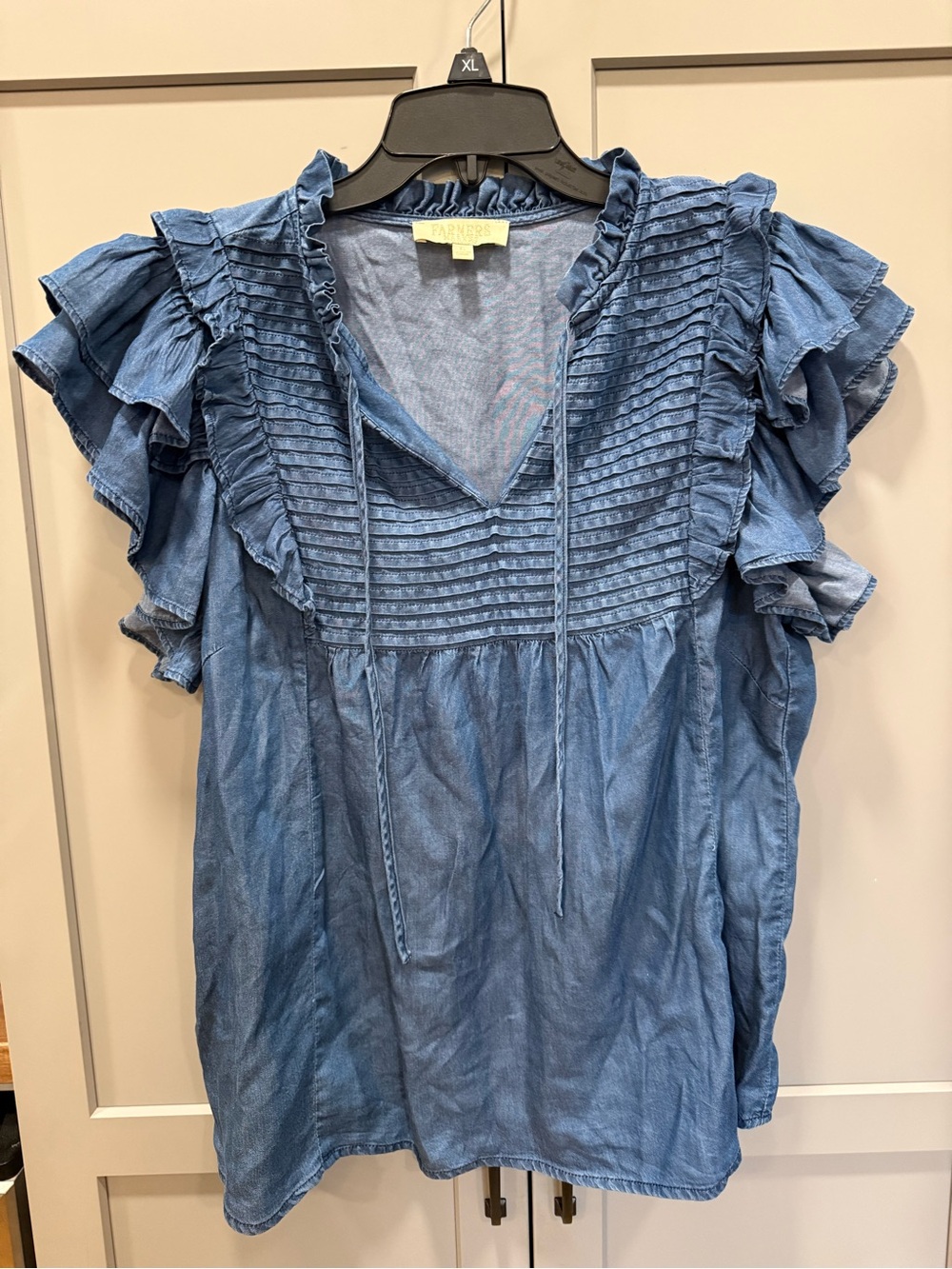 Farmers Market Women's Denim-Blue Ruffled Pintuck Blouse